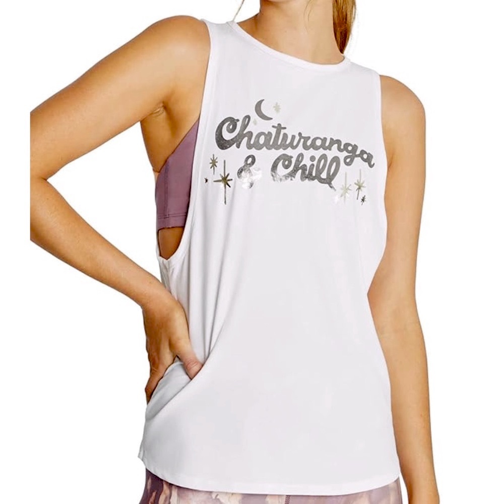 Wildfox Harper Tank Top White Metallic print XL Chaturanga and Chill Yoga NWT